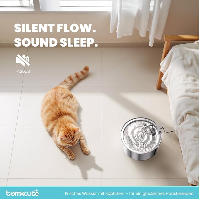 Tomxcute Cat Water Fountain, 3.2L/108oz Automatic Stainless Steel Pet Fountain Dog Water Dispenser, Ultra-Quiet Pump and 3 Replacement Filters & for Cats, Dogs, Multiple Pets