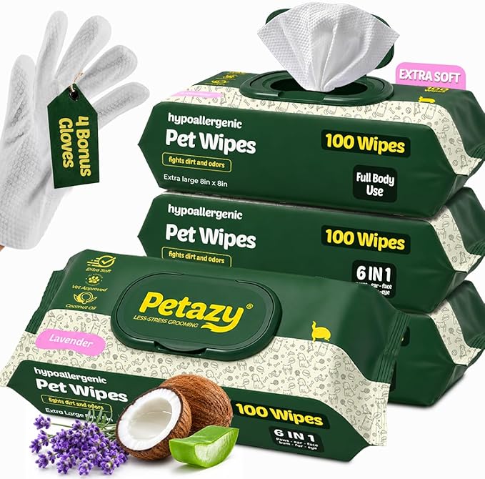 Pet Wipes for Dogs and Cats – 400 Count (8x8in) Hypoallergenic, Deodorizing Dog Wipes for Paws, Ears and Butt | XL with Aloe & Coconut Oil, Lavender Scented | Includes 4 Grooming Glove Wipes