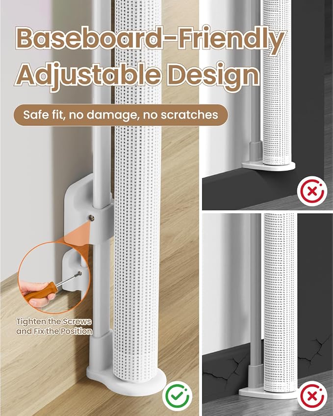 Baby Gate Mesh, 71" Wide 34" Tall Retractable Mesh Baby Gates | Mesh Pet Gate, One-Hand Operation, Baseboard Fit, 6 Reinforced Rods, for Open Kitchen, Living Room & Playroom, White