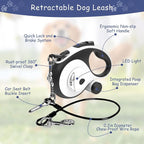 26Ft Retractable Dog Leash - for Dog Up to 110lbs, Tangle Free Walking Leash with Chew Proof Cable | LED Light | Dispenser | Poop Bags, Quick Lock Braking & Non-Slip Handle (White)