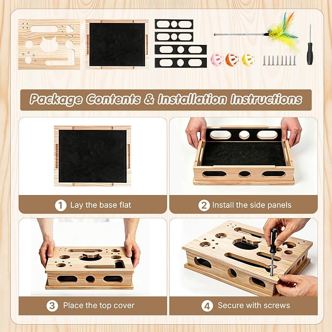 Wooden Cat Scratch Puzzle Enrichment Box, with 3 Balls & 1 Wand | Integrated Cat Nail File Scratcher with Sandpaper Liner - Stress Free Alternative to Clippers & Grinders for Indoor Cats (S)