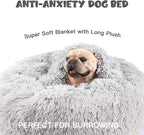 Himax 26in Covered Dog Bed with Blanket Attached Calming Burrow Light Grey | Dog Bed Medium Size dog, Anti-Anxiety Donut dog bed with cover, Washable Round Fluffy Pet& Cat Beds