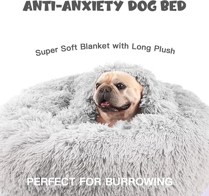 Himax 26in Covered Dog Bed with Blanket Attached Calming Burrow Light Grey | Dog Bed Medium Size dog, Anti-Anxiety Donut dog bed with cover, Washable Round Fluffy Pet& Cat Beds