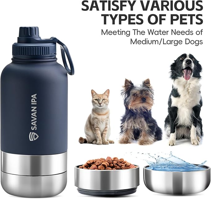3 in 1 Insulated Stainless Steel Dog & Human Water Bottle | Leakproof Travel Dispenser with 2 Detachable 8.5 oz Bowl, 24H Cold/12H Hot, Carrying Case for Walking, Hiking,Camping & Outdoor Travel