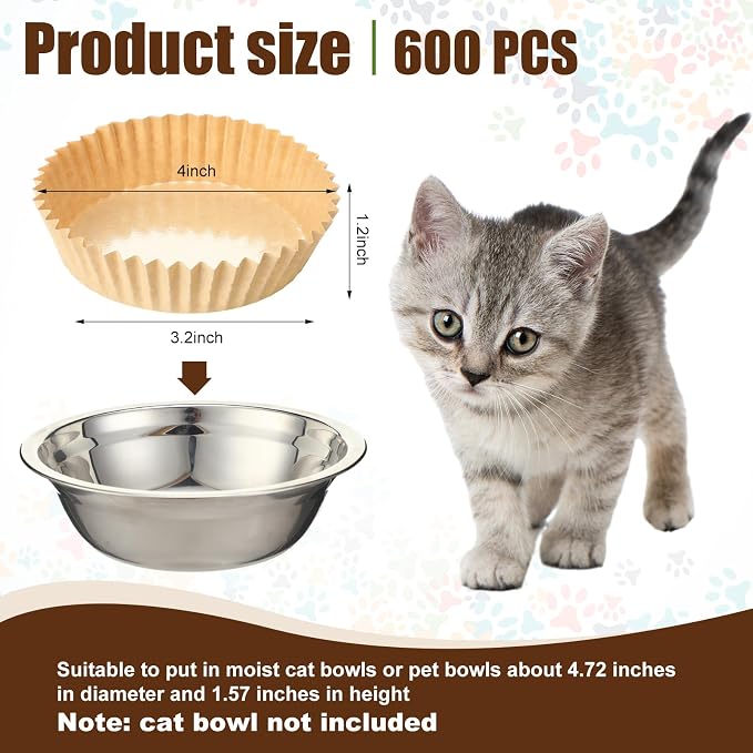 meekoo 600 Pcs Large Pet Disposable Feeding Bowls Liner Bulk Cat Food Bowls Small Paper Dish Paper Liner for Small Dogs Cats Dish Wet Food Feeding Station(Kraft Brown,Classic)
