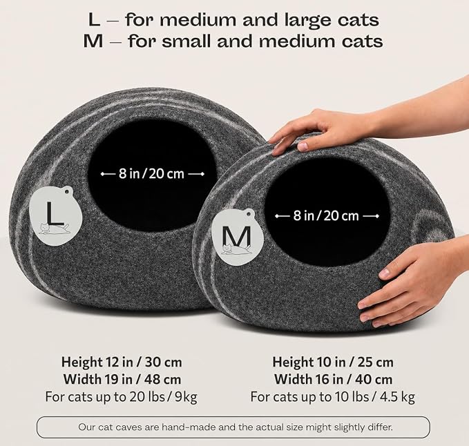 MEOWFIA Cat Cave – Premium Felt Cat Bed Bed Enclosure for Indoor Cats, Handmade Merino Wool (Dark Grey, Medium)