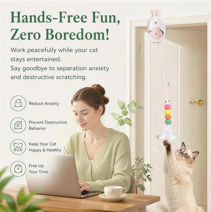 Interactive Cat Toy for Indoor Cats, Automatic Hanging Cat Toy with 5 Refill Teasers, USB-C Rechargeable Self Play Cat Toy, Door Kitten Toy for Exercise, Boredom Relief and Cat Enrichment (White)