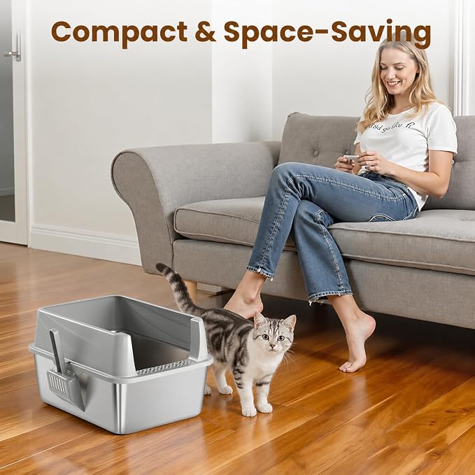 Stainless Steel Sifting Litter Box for Pine Pellets, Sifting Cat Litter Box with Sifter, High Side for Small Cats, Anti-Leakage, Odor Control, Includes Scooper, 17.7" x 13.8" x 11"