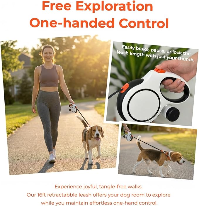16ft Retractable Dog Leash for Medium Dogs up to 66 lbs, with Waste Bag Dispenser, 5m Heavy Duty Nylon Tape, 360° Tangle-Free, One-Handed Brake & Lock, Anti-Slip ABS Handle (16FT-White)