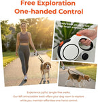 16ft Retractable Dog Leash for Medium Dogs up to 66 lbs, with Waste Bag Dispenser, 5m Heavy Duty Nylon Tape, 360° Tangle-Free, One-Handed Brake & Lock, Anti-Slip ABS Handle (16FT-White)