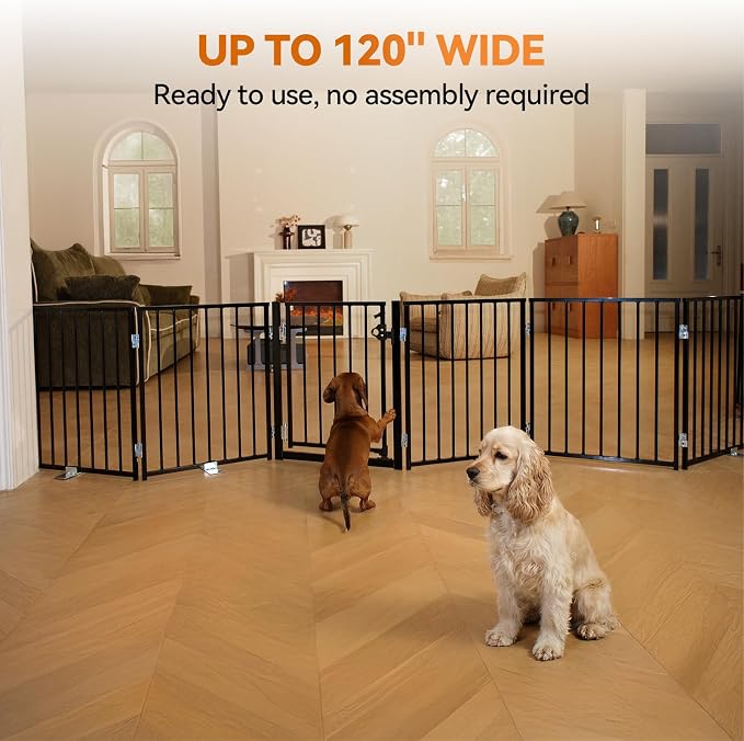 BFNN Chewproof Steel Dog Gate Indoor, 120" Extra Wide Freestanding Fence | Flexible Space Control | With Walk-Thru Door | 24" Tall Heavy Duty Barrier | Foldable | No Drill | For Small & Medium Puppy