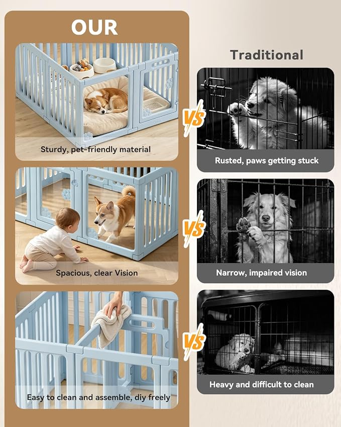 Acrylic Indoor Dog Playpen, 24" H 8 Panels DIY Puppy Playpen, Blue | Indoor & Outdoor Dog Play pen with Heavy Duty Door Lock, Easy-Assembly&Clean Door Pet Fence for Dogs Puppy,Cats,Rabbits