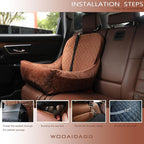 Wooaidagg Dog Car Seat for Small Dogs,Covered Soft Fabric and Fill in Memory Foam,Easy to Assemble and Fully Detachable,2 Clip-On Safety Leashes and Storage Pockets(Brown)