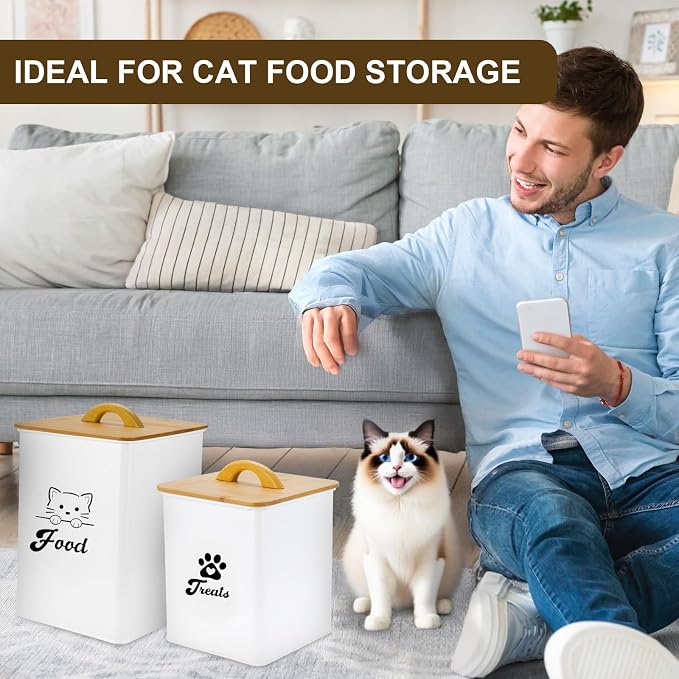 Cat Food Storage Container with Scoop, 2PCS Cat Food Storage Container with Lids Airtight, Cat Treat Jars for Kitchen Counter-7+3Lbs, Cat Cookie Jar for Storage, White
