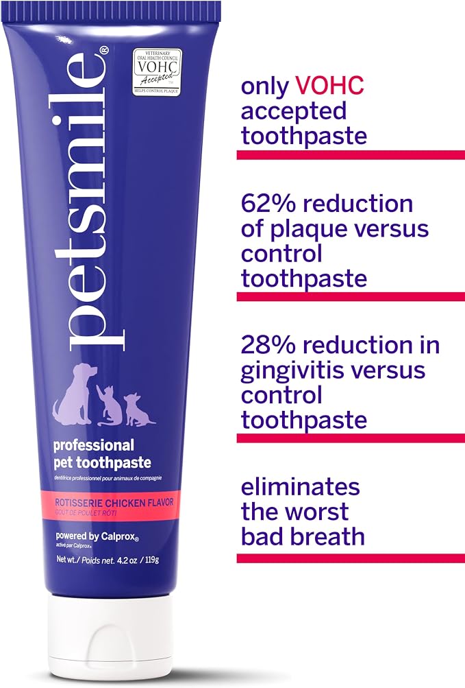 Petsmile VOHC Accepted Toothpaste, Rotisserie Chicken 4.2 Oz, Cats + Dogs | Pet-Approved, Calprox® Powered, Fights Plaque + Tartar, No-Brush Required, Human-Grade, 6-Month Supply, Clinically Proven