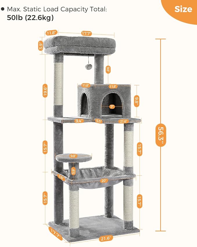MUTTROS 56.3" Cat Tree with Metal Hammock, 2-Door Condo, 6 Tiers, Gray | 6-tier shelves, Metal plush hammock, 2-door condo house, Sisal posts, Large top perch, For adult cats