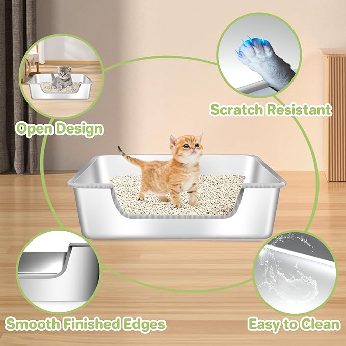 Low Entry Litter Box for Senior or Disabled & Injured Cats, Stainless Steel High Sided Enclosed Easy Step in Entry-Large Metal Kitty Litter Box for Kittens, Odor Control (23.6”x15.7”x5.9”)