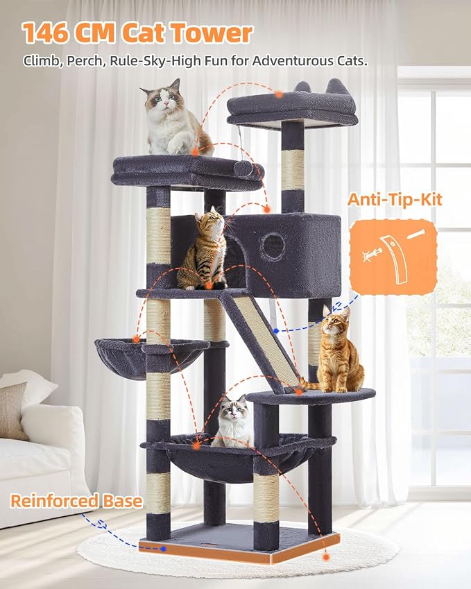 Taoqimiao Sturdy Cat Tree, 58In Cat Tower for Indoor Cats Large Adult | Spacious Cat Condo, 2 Cute Perches, Metal Frame Hammock, 1 Scratch Board, 8 Natural Sisal Posts, Basket, Smoky Gray, MS026G