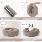 rabbitgoo Calming Cat Beds for Indoor Cats, 20 inches, Khaki | Soft Warm Donut, Fluffy Faux Fur, Supportive Raised Rim, Anti-slip, Machine Washable, Up to 15lbs Kittens & Small Cats