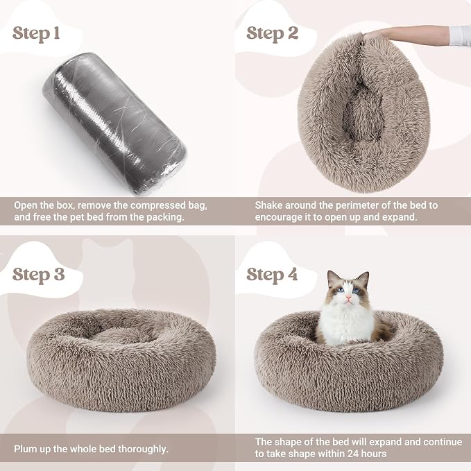 rabbitgoo Calming Cat Beds for Indoor Cats, 20 inches, Khaki | Soft Warm Donut, Fluffy Faux Fur, Supportive Raised Rim, Anti-slip, Machine Washable, Up to 15lbs Kittens & Small Cats
