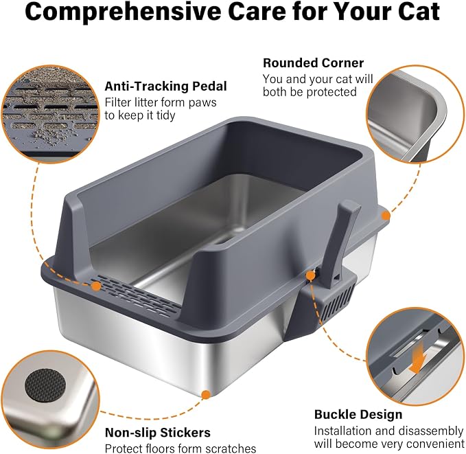 Stainless Steel Litter Box with Lid,XL Extra Large Cat Litter Box | Large Litter Boxes for Big Cats,Metal Kitty Litter Boxes with Anti-Leakage, High Sides,Easy to Clean,Scoop & Mat Included
