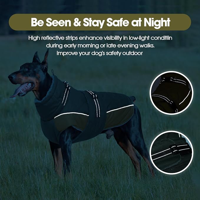 QBLEEV Warm Dog Jacket - Reflective, Adjustable Winter Coat with Turtleneck for Cold Weather, Waterproof Fleece Snowsuit for Small, Medium, Large Dogs