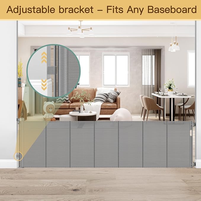 Reinforced 200 Inch Extra Long Baby Gate For Large Opening to Prevent Crawling Under, 16 ft Retractable Dog Gate for Doorway Extra Wide, Outdoor/Indoor Retractable Baby Fence to Separate Playroom,Gray