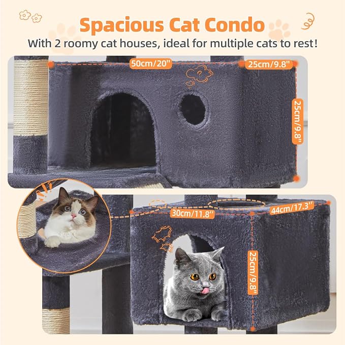 Taoqimiao Cat Tree, 71 in Extra Large Cat Tower for Inddor Cats, MS026LG | 2 Large Cat Condos, 2 Cute Perches, Metal Frame Cozy Hammock, Durable Scratch Board, 8 Natural Sisal Posts, Basket,Smoky Gray