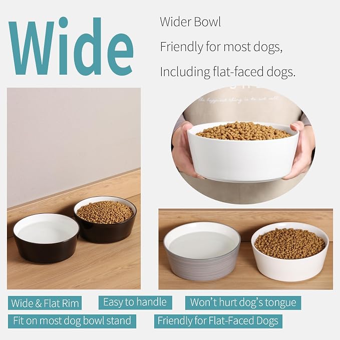 Black Elevated/Raised Dog Bowl Ceramic with Wood Stand for Medium Large Breed,Dog Food Water Dish Heavy Wighted,8 in Non Slip Modern Cute Porcelain Pet Bowl Extra Large Wide