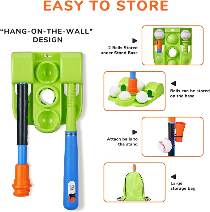JoyCat 3-in-1 T Ball Set for Kids 3-5,Toddler Baseball Set-T Ball Stand,Hanging Tee,Auto Launcher,6 Balls-Adjustable Height Sports&Outdoor/Indoor Toys for 3 4 5 6 7 8 Year Old Boy Girl Birthday Gift | Adjustable stand switches among tee, hanging-ball a...
