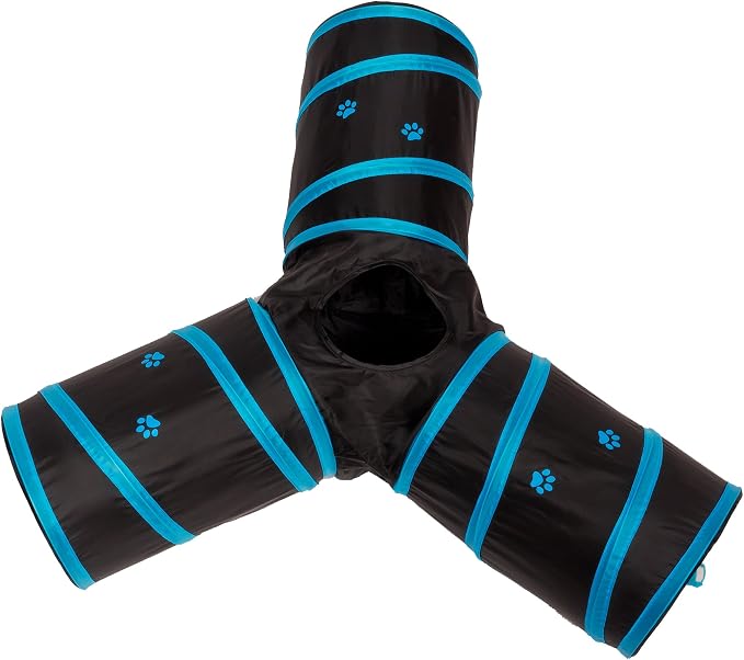 Cat Tunnel - Collapsible 3 Way Play Toy - Tube Fun for Rabbits, Kittens, and Dogs - Black/Aqua