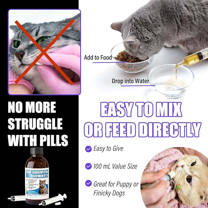 Cat Gingivitis Treatment Liquid 100ml - Cats Dental Care Clean Teeth & Gums, Eliminate Bad Breath, Natural Extracts Lessen Tartar & Plaque, Include 3 ml Dropper with Cap