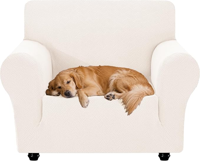 XINEAGE Stretch Armchair Slipcover, Non-Slip Pet Couch Cover,Beige White | Washable Furniture Protector, Elastic Bottom, Dogs & Cats Friendly, Scratch-resistant, Fast Setup, High Elasticity