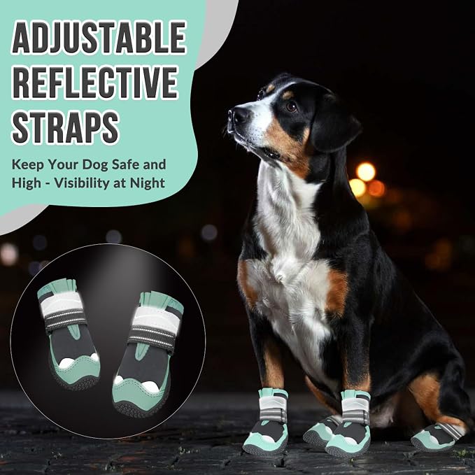SlowTon Dog Shoes for Large Small Medium Dogs - Waterproof Dog Boots for Summer Hot Pavement, Paw Protector for Outdoor Walking Winter Snow, Anti-Slip Rubber Dog Booties for Hard Floor (Green Gray, 2)
