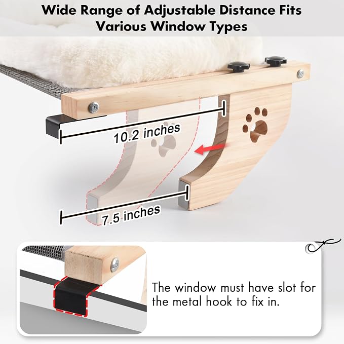 AMOSIJOY Cat Sill Window Perch Sturdy Hammock Window Seat with Cushion Bed Cover, Wood & Metal Frame for Large Cats, Easy to Adjust Cat Bed for Windowsill, Bedside, Drawer and Cabinet(Cushion Bed)
