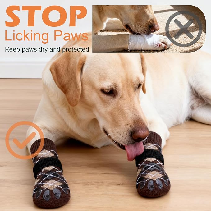 EXPAWLORER Dog Socks to Prevent Licking Paws,Anti Slip Dog Shoes for Hot Pavement,Dog Booties for Hardwood Floors,Dogs Boots & Paw Protectors for Small Medium Large Senior Dogs,British Style,Brown XS
