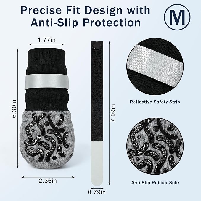 Anti Slip Dog Socks to Prevent Licking Paws Reflective Safety Dog Shoes for Hot Pavement Winter Dogs Boots & Paw Protectors with Grippers for Hardwood Floors Small Medium Large Dogs (Stripe, M)