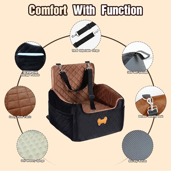 Dog Car Seat for Small Dogs, Dog Booster Seat Filling in Thick Memory Foam with 2 Safety Leashes and Storage Pocket, Suitable for Pet Under 30lb or 2 Puppies (Brown/Black)