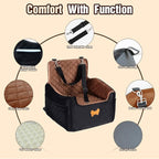 Dog Car Seat for Small Dogs, Dog Booster Seat Filling in Thick Memory Foam with 2 Safety Leashes and Storage Pocket, Suitable for Pet Under 30lb or 2 Puppies (Brown/Black)