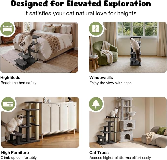 5-Step Pet Steps for Cats/Dogs, Cat Stairs with Sisal Scratching Post, Cat Steps for Older Cats with Enlarge Perch, Pet Stairs for High Bed and Couch, Gray