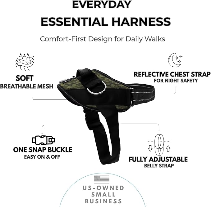 ShawnCo Essential Dog Harness, No-Pull Pet Vest with 3 Leash Clips, No Choke, Reflective, Adjustable and Padded, for Easy Walking and Training for Small, Medium and Large Dogs (Military Camo, L)