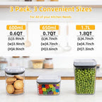 Pop Push Button Airtight Food Storage Containers with Lids | 3 Sizes: 0.65/0.7/1.8Qt for Cereal Flour Sugar Snacks Pet Food, BPA-Free Space-Saving Pantry Kitchen Canisters