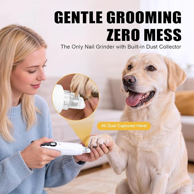 Quiet Dog Nail Grinder, 9-Speed Electric Pet Nail Trimmer with LED | Low noise, Safety sensor guard, 2 LED lights, USB rechargeable, Professional grooming, Sensitive paws, Dogs cats all breeds