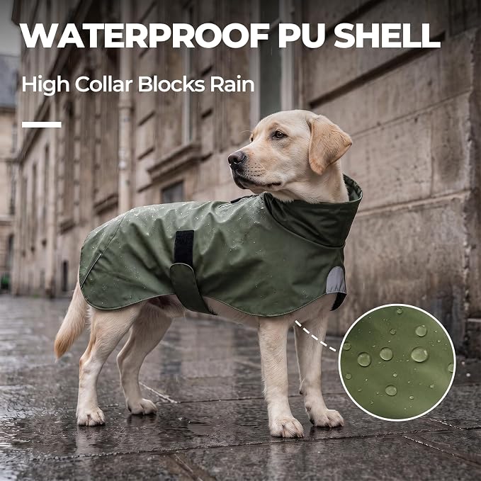 PU Dog Raincoat, Non-Toxic & Odorless Waterproof Vest, Adjustable High Neck and Hook & Loop Belly Closure for Rainy Potty Breaks & Wet Weather Outdoor Walks (Olive Green, XXX-Large)