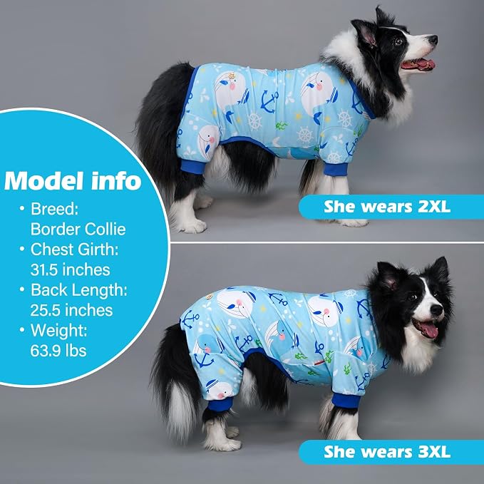 KYEESE Dog Pajamas Velvet Dog Pajamas Large Sized Dogs Soft Dogs Clothes Pjs with Whale Pattern Stretchy Pet Jammies Coat Comfy Pet Onesie Costume, 3X-Large