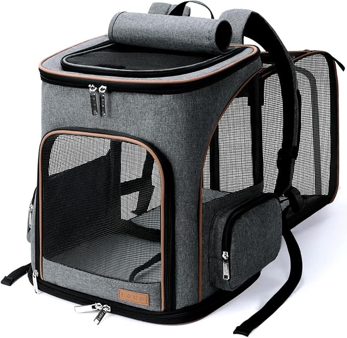 Lekereise Pet Carrier Backpack Expandable Cat Backpack Carrier for Small Dogs Large Cats Puppies, Dog Backpack Carrier for Hiking Travel Outdoor Hold Pets Up to 20 25 Lbs, Grey