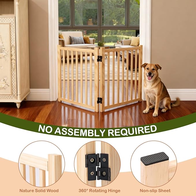 Wooden Freestanding Dog Gates Indoor- 23" Height 2 Panels | Foldable Wood Pet Gate, No-Painted Puppy Gate for Doorways, Stairs, Hallways