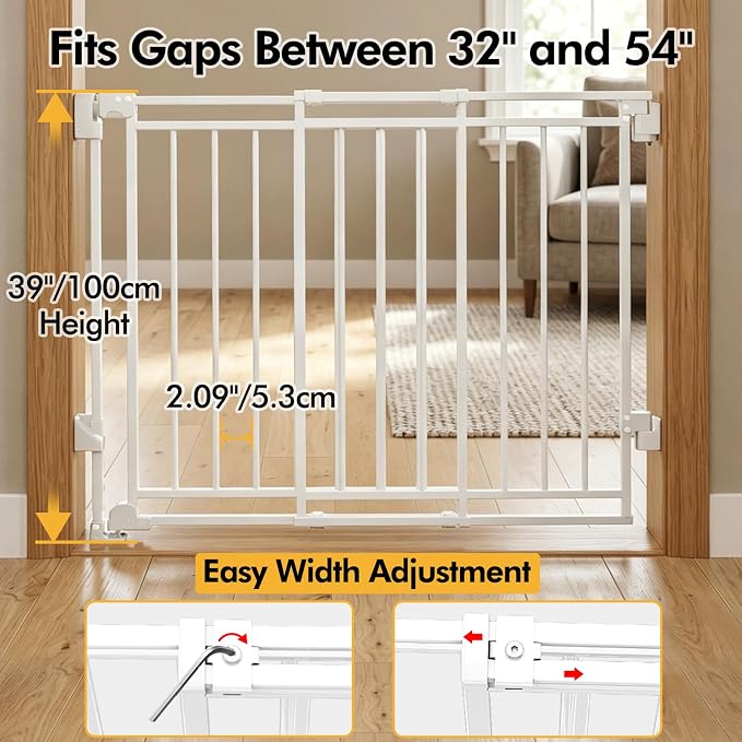 39" Extra Tall Baby&Dog Gate,32-54" Wide Hardware Mount Gate,White | Auto-Close design,Two-Way Swing, No Bottom Bar,Must Drill to Install