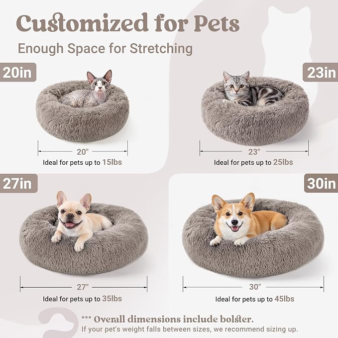 rabbitgoo Calming Cat Beds for Indoor Cats, 20 inches, Khaki | Soft Warm Donut, Fluffy Faux Fur, Supportive Raised Rim, Anti-slip, Machine Washable, Up to 15lbs Kittens & Small Cats