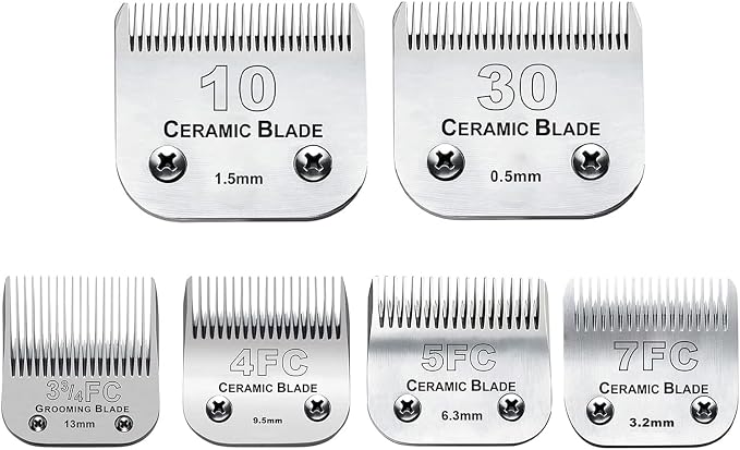 6Pack 10Blades Dog Grooming Blades Compatible with Andis Clipper | Dog Clipper Blades for Oster A5/Wahl KM Series ,Ceramic Blade & Stainless Steel Blade Size:#10+30+5FC+7FC+3FC+4F)